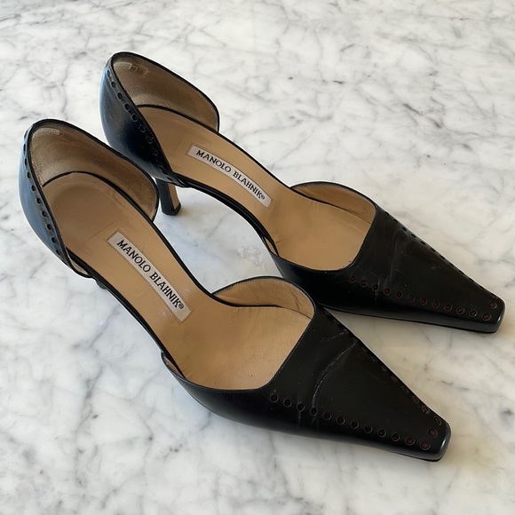 Chaussures Manolo Blahnik Astutado Bout Ouvert - Cuir Vernis Noir, Talons Hauts, Tailles 38.5 40 40.5